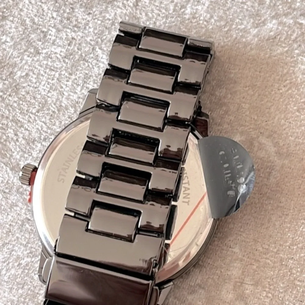 Brand New Jones New York Quartz Black Metal Analog Watch Genuine Diamond Accent